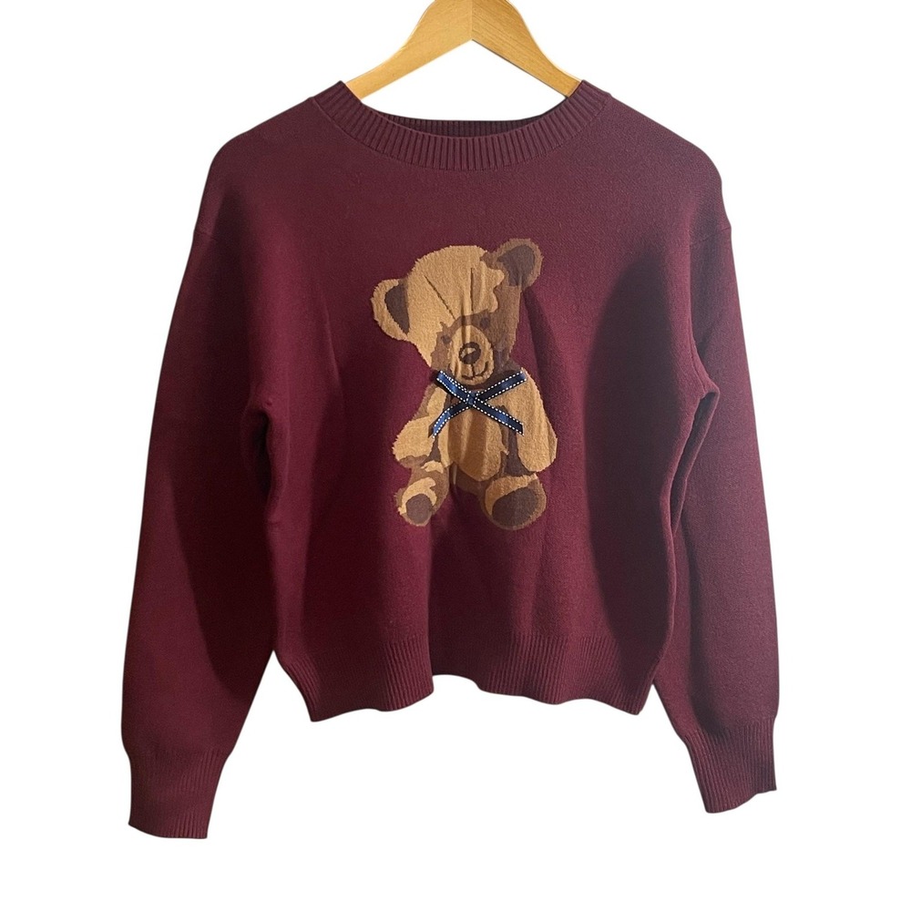 Willow & Wind Sweater Womens Small Burgundy Teddy Bear Crewneck Knit Pullover